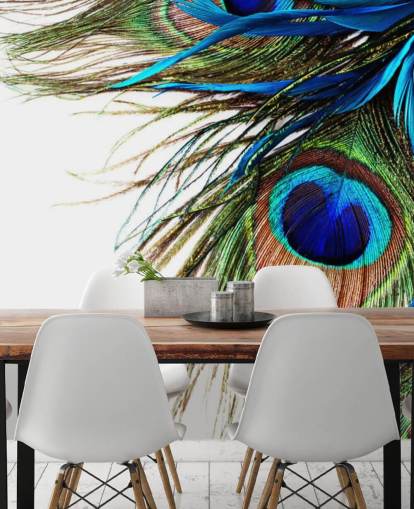 blå, grön och vit anpassad påfågel tapetväggmålning kallad Large Peacock Feathers för sovrum blå, grön och vit anpassad påfågel tapetväggmålning kallad Large Peacock Feathers för sovrum