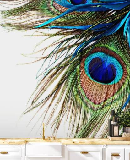 mural de papel de parede de pavão personalizado em azul, verde e branco chamado Large Peacock Feathers para quartos mural de papel de parede de pavão personalizado em azul, verde e branco chamado Large Peacock Feathers para quartos