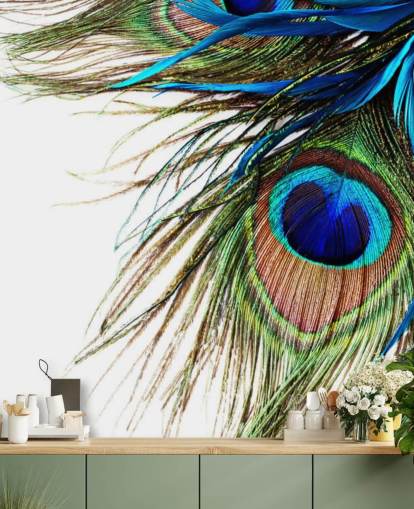 blue, green and white custom peacock wallpaper mural called Large Peacock Feathers for bedrooms blue, green and white custom peacock wallpaper mural called Large Peacock Feathers for bedrooms