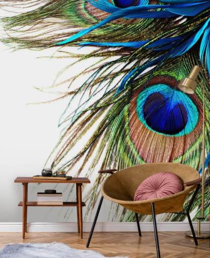 blue, green and white custom peacock wallpaper mural called Large Peacock Feathers for bedrooms blue, green and white custom peacock wallpaper mural called Large Peacock Feathers for bedrooms