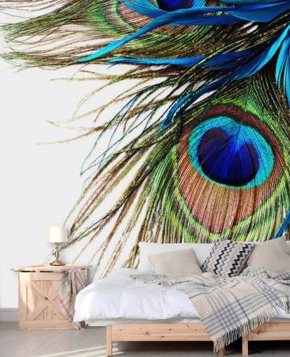 mural de papel pintado personalizado de pavo real azul, verde y blanco llamado Large Peacock Feathers para dormitorios mural de papel pintado personalizado de pavo real azul, verde y blanco llamado Large Peacock Feathers para dormitorios