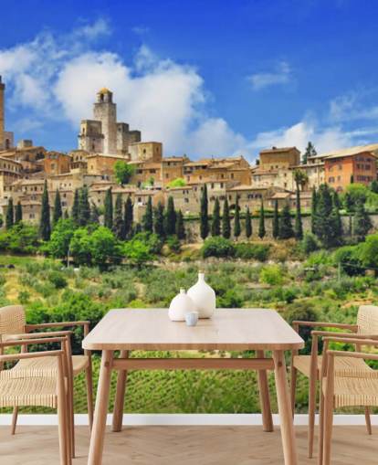 Italiaans dorp op heuveltop muurschildering Italiaans dorp op heuveltop muurschildering