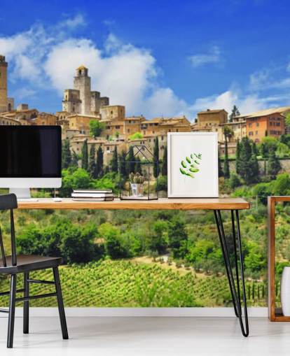 Italiaans dorp op heuveltop muurschildering Italiaans dorp op heuveltop muurschildering