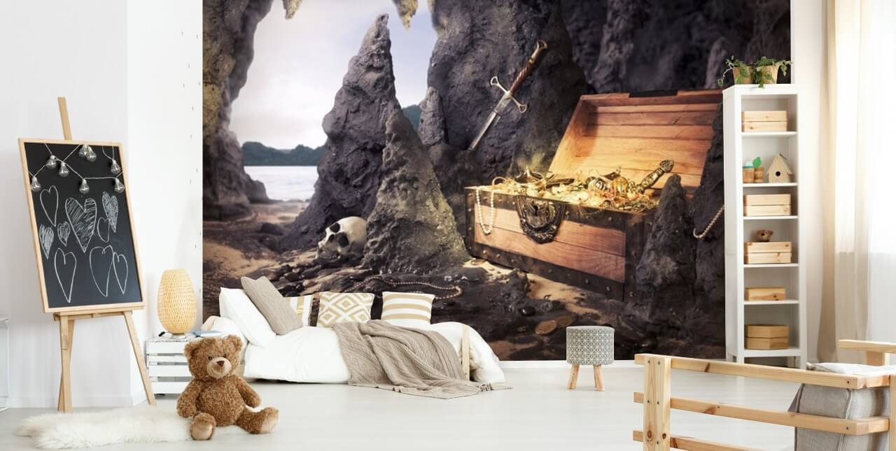 treasure chest in cave wallpaper