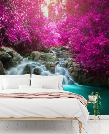 rosa Bäume und Wasserfall-Tapete rosa Bäume und Wasserfall-Tapete