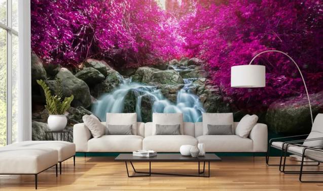 pink trees and waterfall wallpaper
