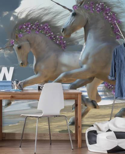 Decorazione murale con unicorni che corrono sulla spiaggia Decorazione murale con unicorni che corrono sulla spiaggia