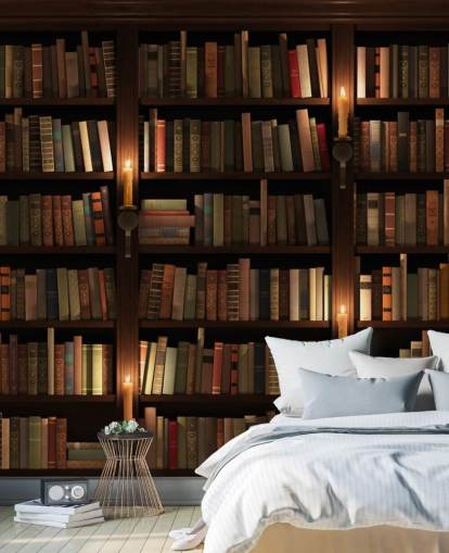 customisable bookcase wallpaper mural called Bookcase and Candles for living rooms or offices customisable bookcase wallpaper mural called Bookcase and Candles for living rooms or offices