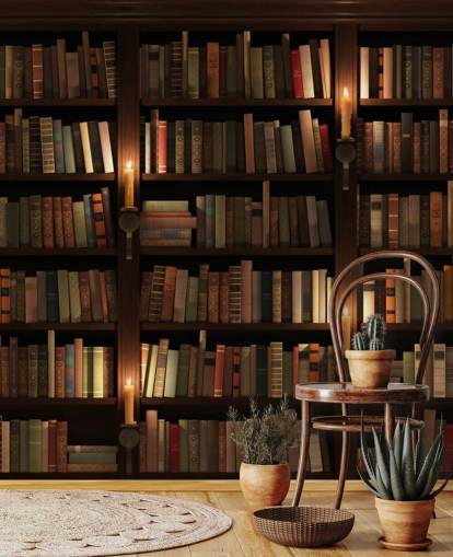 customisable bookcase wallpaper mural called Bookcase and Candles for living rooms or offices customisable bookcase wallpaper mural called Bookcase and Candles for living rooms or offices