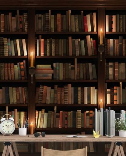 customizable bookcase wallpaper mural called Bookcase and Candles for living rooms or offices customizable bookcase wallpaper mural called Bookcase and Candles for living rooms or offices