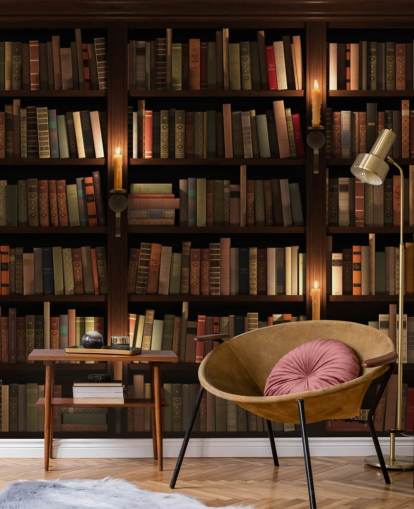 carta da parati murale con libreria personalizzabile chiamata Bookcase and Candles per salotti o uffici carta da parati murale con libreria personalizzabile chiamata Bookcase and Candles per salotti o uffici