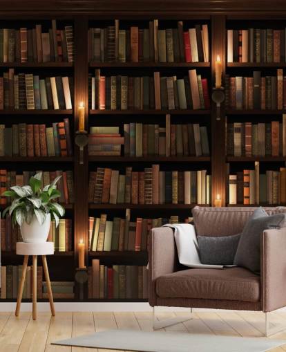 mural de papel de parede de estante personalizável chamado Bookcase and Candles para salas de estar ou escritórios mural de papel de parede de estante personalizável chamado Bookcase and Candles para salas de estar ou escritórios