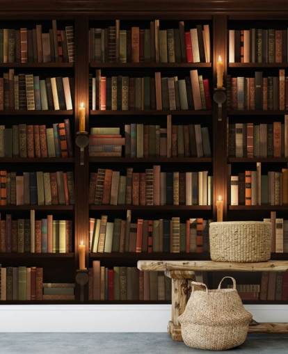 personalisierbares Bücherregal-Tapeten-Wandbild mit dem Titel Bücherregal und Kerzen für Wohnzimmer oder Büros personalisierbares Bücherregal-Tapeten-Wandbild mit dem Titel Bücherregal und Kerzen für Wohnzimmer oder Büros