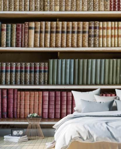 Leather Books on Bookshelf Wallpaper Mural Leather Books on Bookshelf Wallpaper Mural