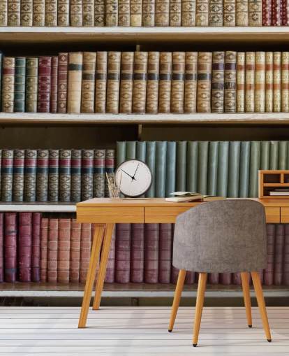 Livros de couro no papel de parede da estante Livros de couro no papel de parede da estante