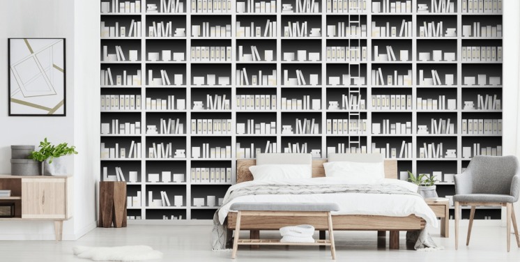 Black and White Bookshelf Wallpaper