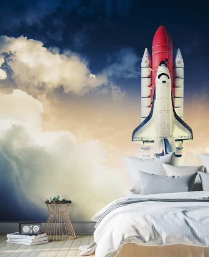 sinivalkoinen NASA-taustakuvamaalaus nimeltä Space Shuttle vasten pimeää taivasta lasten makuuhuoneisiin sinivalkoinen NASA-taustakuvamaalaus nimeltä Space Shuttle vasten pimeää taivasta lasten makuuhuoneisiin