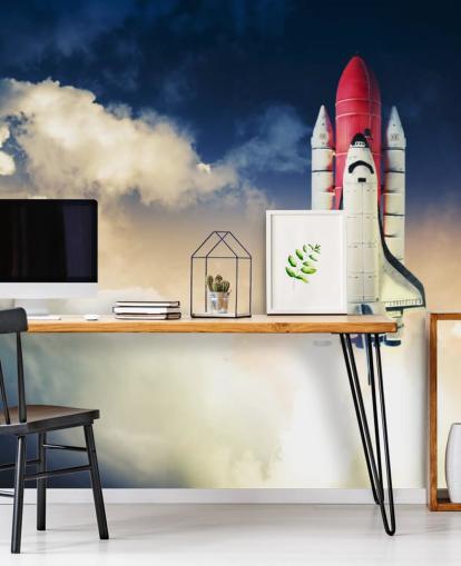 blau-weiße NASA-Tapete namens Space Shuttle against Dark Sky für Kinderzimmer blau-weiße NASA-Tapete namens Space Shuttle against Dark Sky für Kinderzimmer