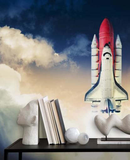 blå och vit NASA tapetväggmålning kallad Space Shuttle against Dark Sky för barnens sovrum blå och vit NASA tapetväggmålning kallad Space Shuttle against Dark Sky för barnens sovrum