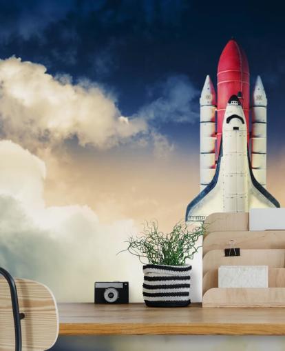 blå och vit NASA tapetväggmålning kallad Space Shuttle against Dark Sky för barnens sovrum blå och vit NASA tapetväggmålning kallad Space Shuttle against Dark Sky för barnens sovrum