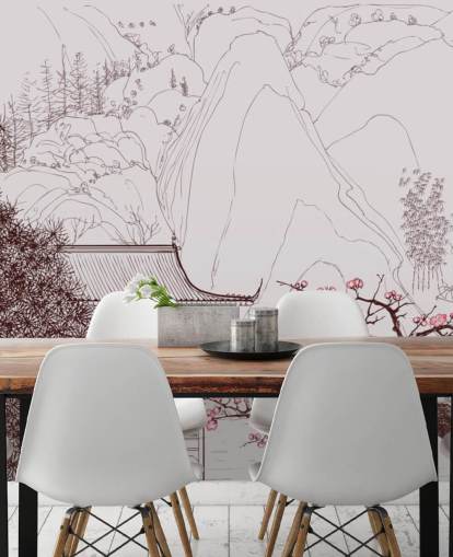 illustration av traditionella orientaliska hus och körsbär blomma träd tapeter illustration av traditionella orientaliska hus och körsbär blomma träd tapeter