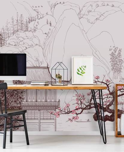 illustration of traditional oriental house and cherry blossom trees wallpaper illustration of traditional oriental house and cherry blossom trees wallpaper