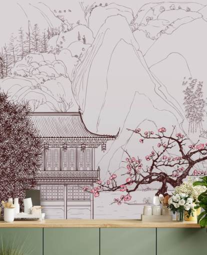 illustratie van traditionele oosterse huis en kersenbloesembomen behang illustratie van traditionele oosterse huis en kersenbloesembomen behang