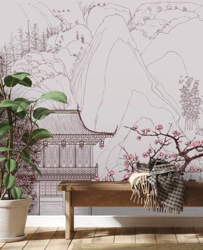 ilustración de la casa oriental tradicional y los cerezos en flor papel tapiz ilustración de la casa oriental tradicional y los cerezos en flor papel tapiz