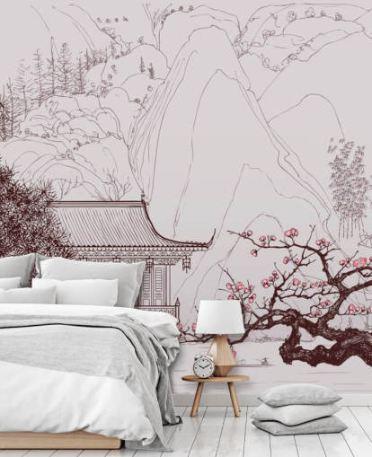 illustration of traditional oriental house and cherry blossom trees wallpaper illustration of traditional oriental house and cherry blossom trees wallpaper