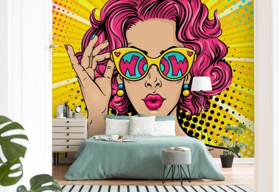 mural colorido de papel de parede de arte pop personalizável chamado Wow Pop Art para quarto