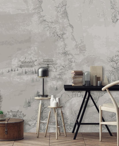 grey oriental wallpaper called Landscape, China for bedrooms, living rooms or dining rooms grey oriental wallpaper called Landscape, China for bedrooms, living rooms or dining rooms