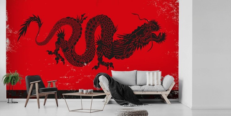 zwarte drakenschilderij op rode en zwarte achtergrond behang