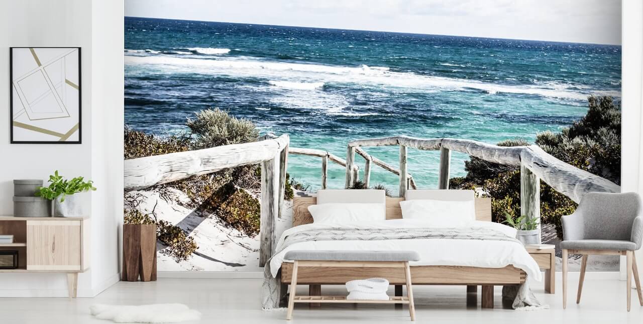 path down to white sanded beach and clear blue waters wallpaper