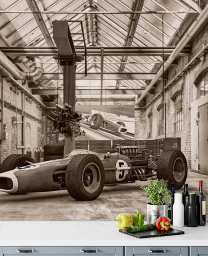 mural de papel pintado de coches antiguos personalizable en blanco y negro llamado Vintage Racing Car Photo para oficinas y gimnasios mural de papel pintado de coches antiguos personalizable en blanco y negro llamado Vintage Racing Car Photo para oficinas y gimnasios
