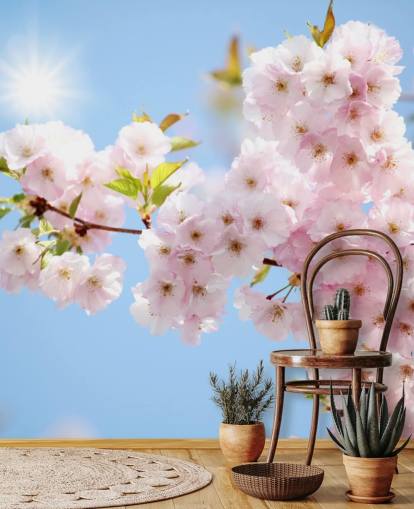 rosa och blå blomma tapet väggmålning kallad Blossom mot en blå himmel för sovrum, badrum och kök rosa och blå blomma tapet väggmålning kallad Blossom mot en blå himmel för sovrum, badrum och kök