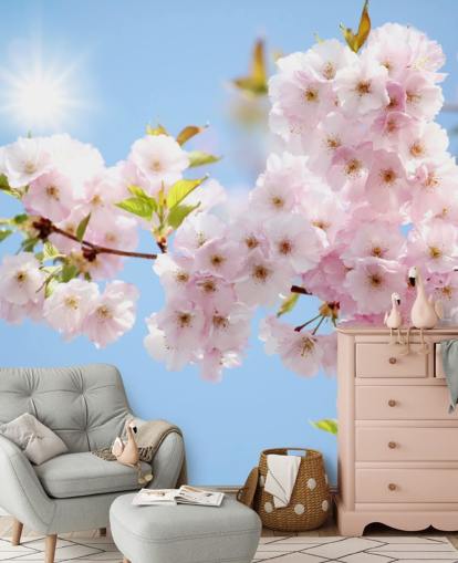 Tapetentapete mit rosa und blauen Blüten namens Blossom against a Blue Sky für Schlafzimmer, Badezimmer und Küchen Tapetentapete mit rosa und blauen Blüten namens Blossom against a Blue Sky für Schlafzimmer, Badezimmer und Küchen