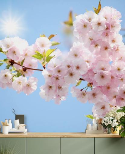 carta da parati murale con fiori rosa e blu chiamata Blossom against a Blue Sky per camere da letto, bagni e cucine carta da parati murale con fiori rosa e blu chiamata Blossom against a Blue Sky per camere da letto, bagni e cucine