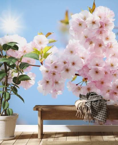 lyserød og blå blomst tapet vægmaleri kaldet Blossom imod en blå himmel til soveværelser, badeværelser og køkkener lyserød og blå blomst tapet vægmaleri kaldet Blossom imod en blå himmel til soveværelser, badeværelser og køkkener