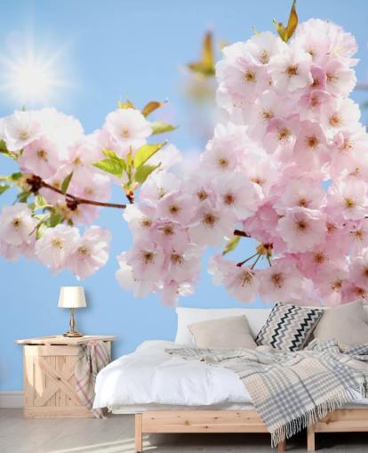 rosa og blå blomst tapet veggmaleri kalt Blossom mot en blå himmel for soverom, bad og kjøkken rosa og blå blomst tapet veggmaleri kalt Blossom mot en blå himmel for soverom, bad og kjøkken