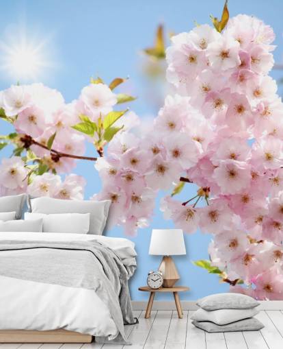 roze en blauwe bloesem muurschildering genaamd Blossom against a Blue Sky voor slaapkamers, badkamers en keukens roze en blauwe bloesem muurschildering genaamd Blossom against a Blue Sky voor slaapkamers, badkamers en keukens