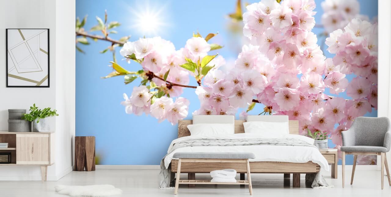 rosa og blå blomst tapet veggmaleri kalt Blossom mot en blå himmel for soverom, bad og kjøkken rosa og blå blomst tapet veggmaleri kalt Blossom mot en blå himmel for soverom, bad og kjøkken