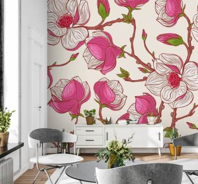 Papier Peint Magnolias Rose et Blanc