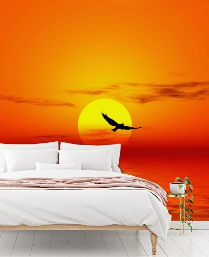 Fågel flygande över havet vid solnedgången väggmålning Fågel flygande över havet vid solnedgången väggmålning