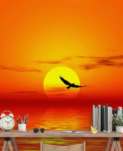 Bird Flying Over Ocean at Sunset Wall Mural Bird Flying Over Ocean at Sunset Wall Mural