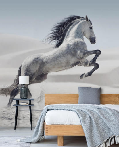 Caballo blanco saltando en el fondo de pantalla de paisaje nevado Caballo blanco saltando en el fondo de pantalla de paisaje nevado