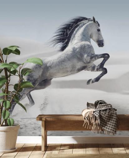 Springende Hvid Hest i Snowy Landskab Baggrund Springende Hvid Hest i Snowy Landskab Baggrund