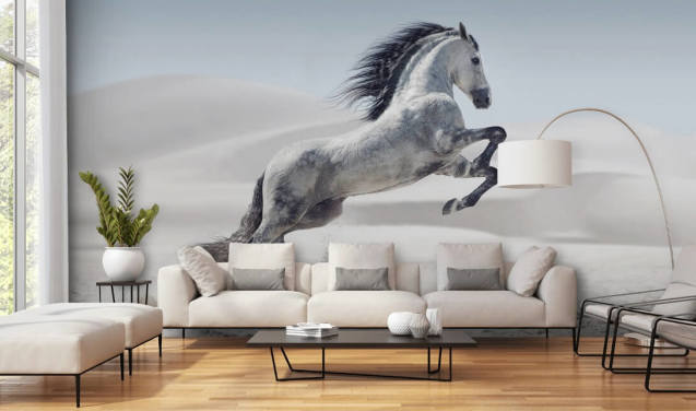 Papel de Parede Pulando de Cavalo Branco em Paisagem Nevada