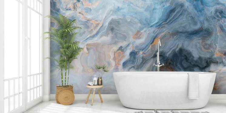 blå marmor tapet veggmaleri kalt Ocean Blue Marble for kjøkken, spiserom og bad