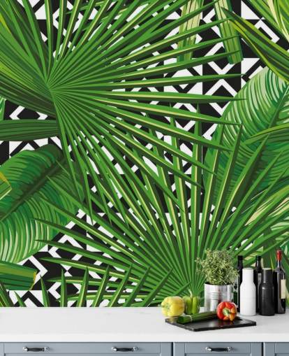 folha verde e papel de parede padrão preto e branco folha verde e papel de parede padrão preto e branco