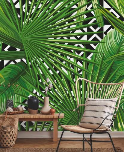 grünes Blatt und Schwarz-Weiß-Mustertapete grünes Blatt und Schwarz-Weiß-Mustertapete